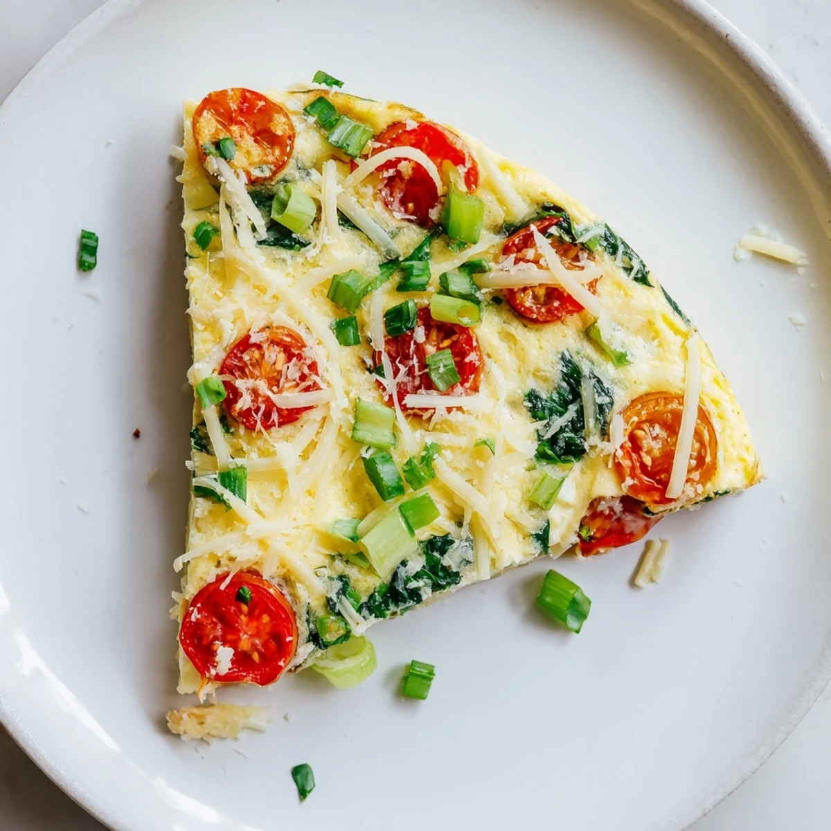 Freshly baked Simple Cottage Cheese Frittata with spinach and cherry tomatoes on a plate.