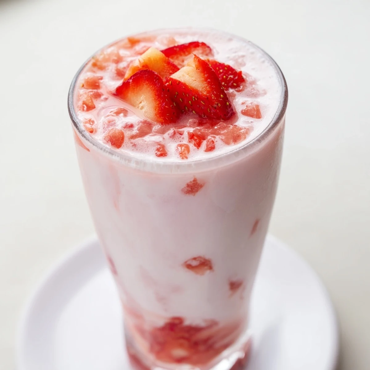 A close-up of cafe style Korean strawberry milk with fresh sliced berries and a sweet swirling sauce.