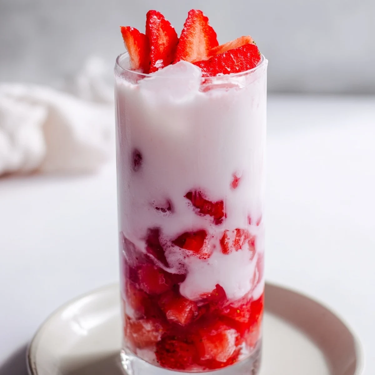 Tall glasses of cafe style Korean strawberry milk served over ice for a refreshing summer beverage.
