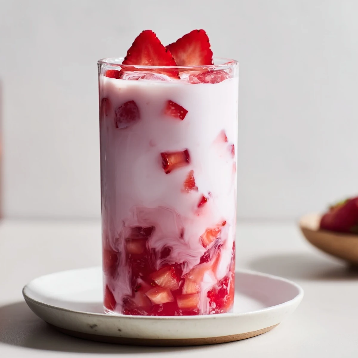 Homemade cafe style Korean strawberry milk with a vibrant pink layered effect and a garnish of fresh strawberries.