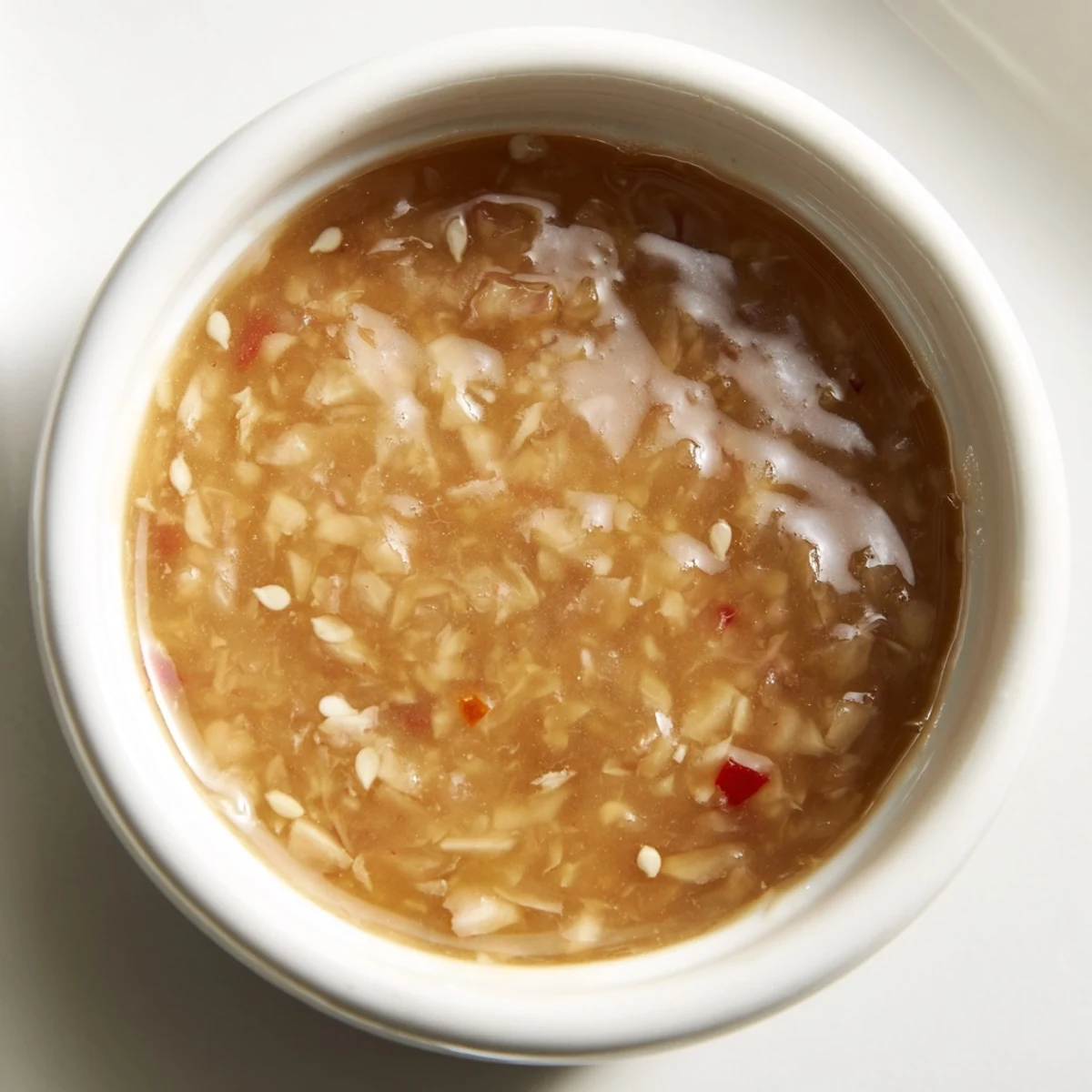 A bowl of vibrant dressing ready to toss with crisp cabbage and carrots for slaw.