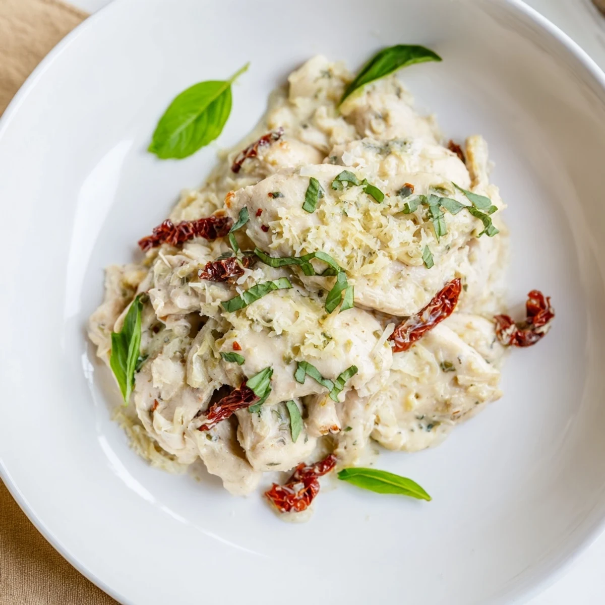 Close-up of creamy, tender chicken pieces bathed in a rich sun-dried tomato sauce, showcasing the high protein Marry Me Crockpot Chicken recipe.