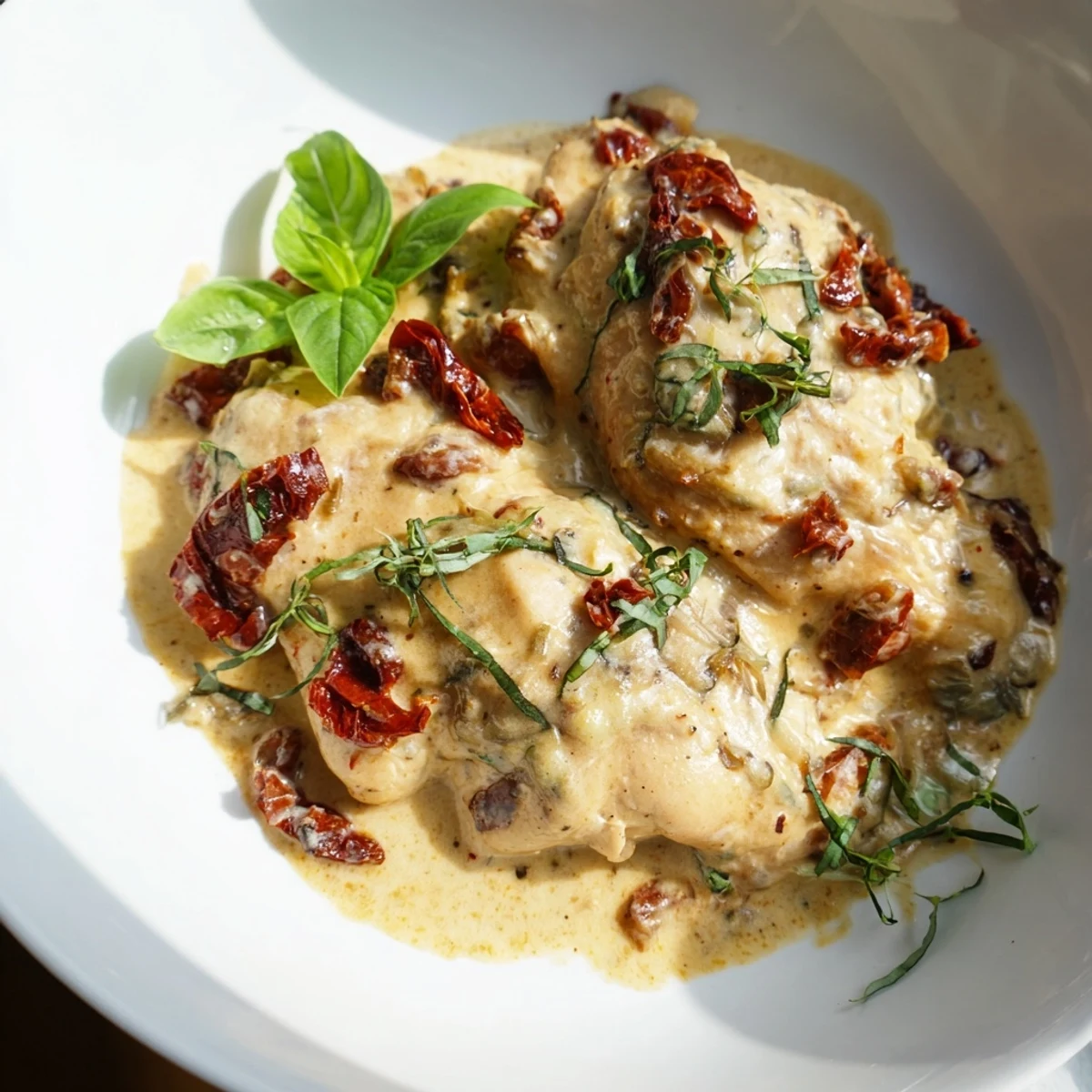 A beautifully plated serving of Marry Me Crockpot Chicken over cauliflower rice, garnished with fresh basil, perfect for healthy meal prep.