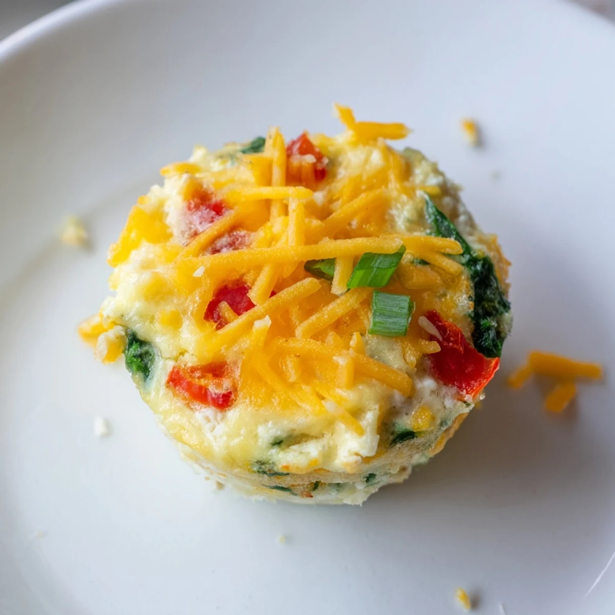Golden Cottage Cheese Egg Bites rise fluffy in a muffin tin, speckled with green spinach and red bell pepper.