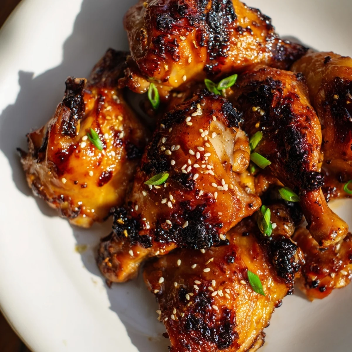 A close-up of succulent Huli Huli Chicken pieces garnished with fresh green onions and sesame seeds, ready to serve.