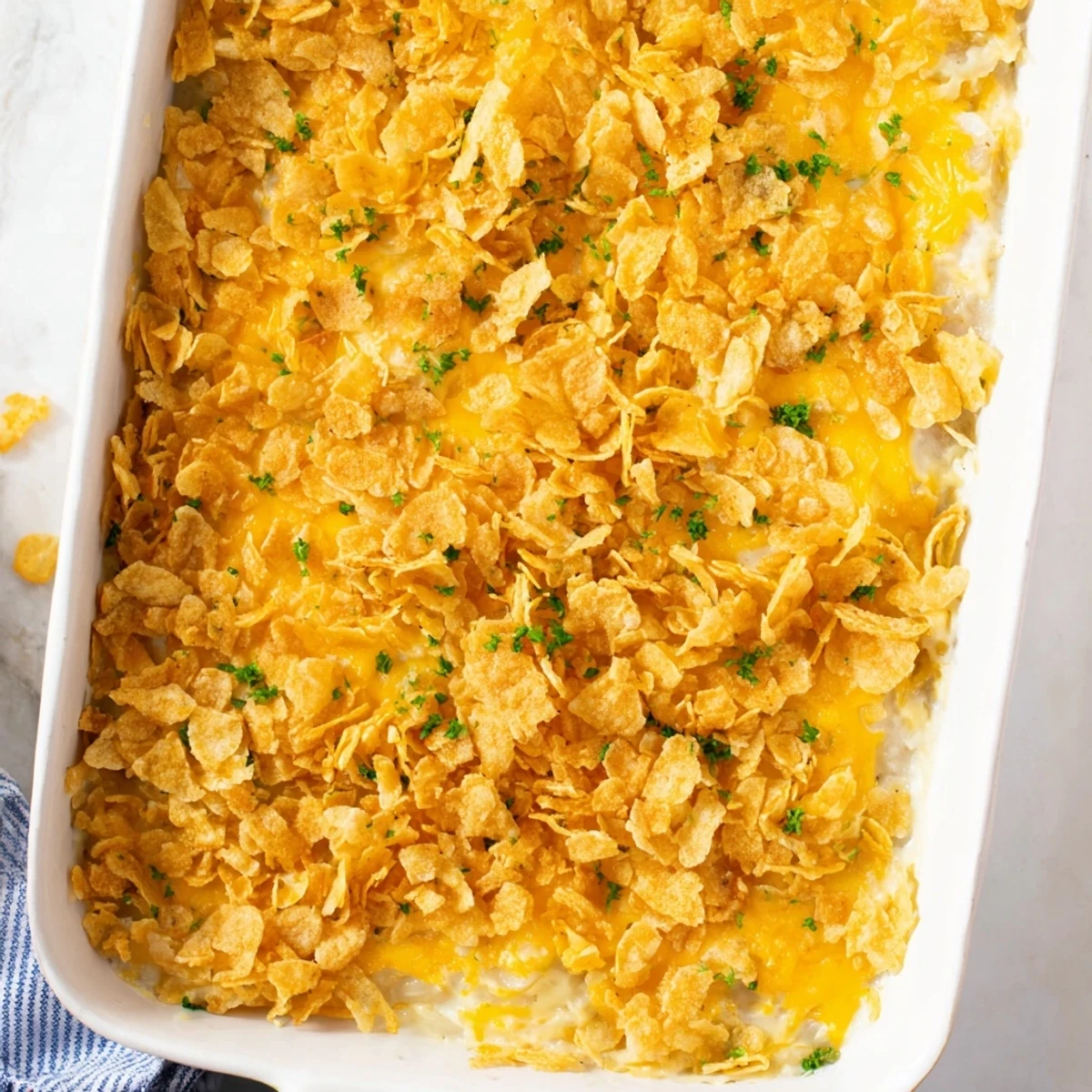 Steam rises from this warm Funeral Potatoes with Hashbrowns casserole served at a festive holiday buffet.