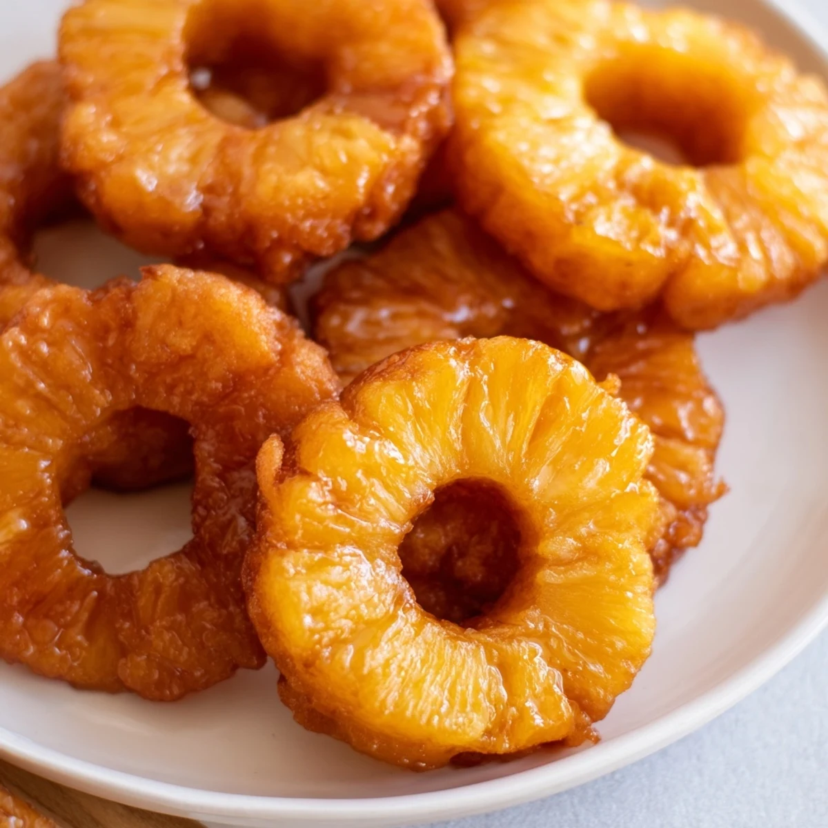 Golden Rum-Soaked Fried Pineapple rings glisten with caramelized edges, served warm atop a scoop of vanilla ice cream.