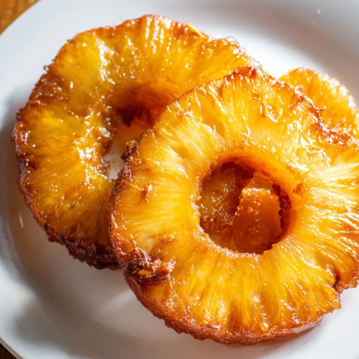 The Rum-Soaked Fried Pineapple is golden and crisp, drizzled with honey and resting on a white ceramic plate.
