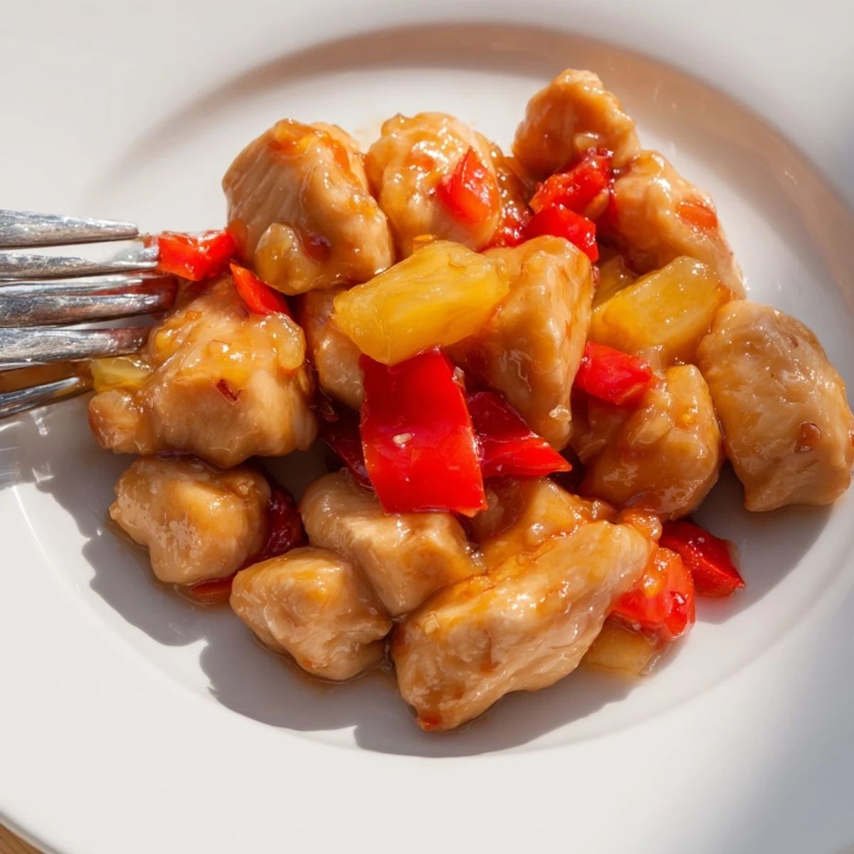 Golden-brown Honey Garlic Pineapple Chicken pieces glistening in a skillet, garnished with fresh green onions and sesame seeds, served over white rice.