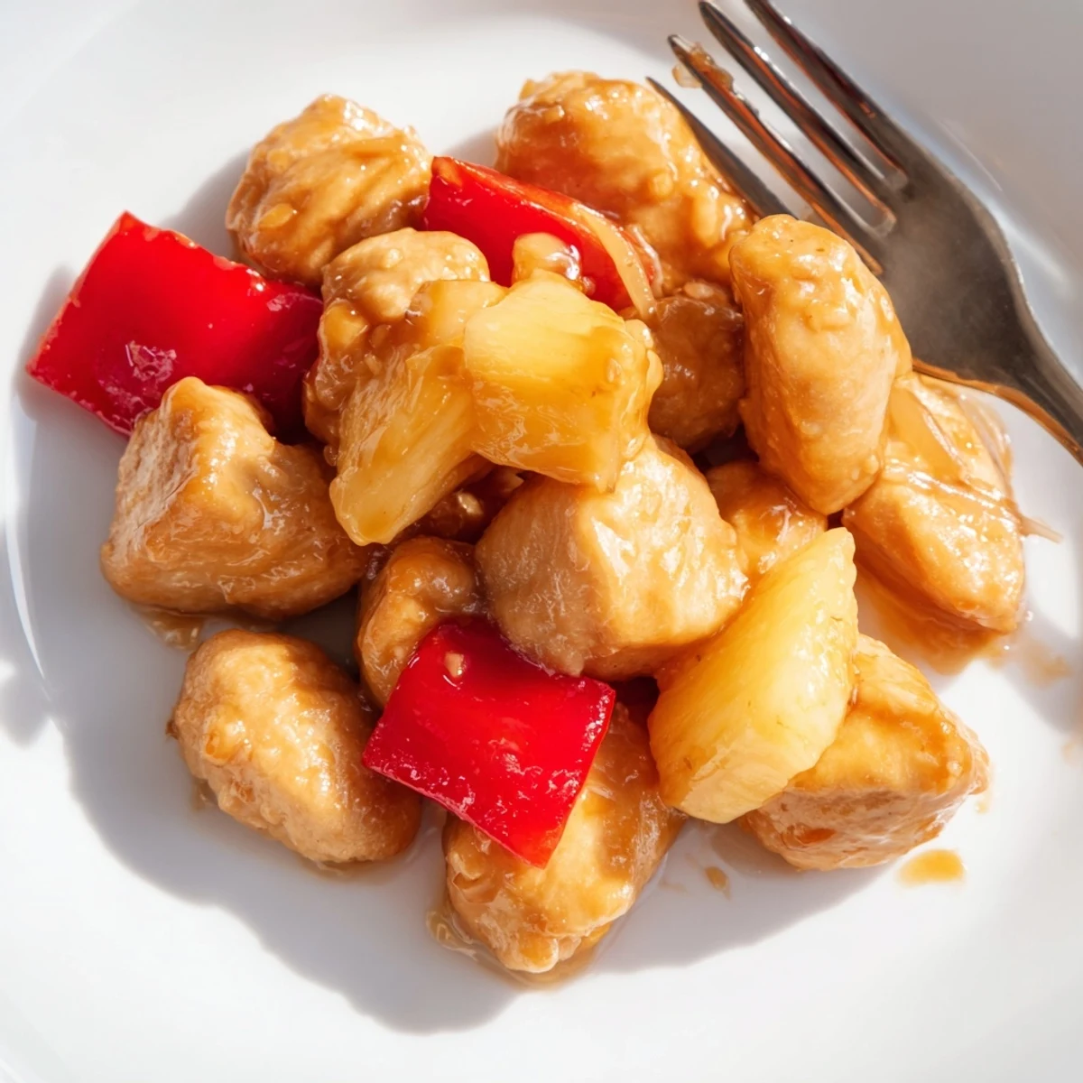 Tender chicken thighs coated in a sticky honey garlic sauce with bright pineapple chunks and diced red bell pepper in a wok.