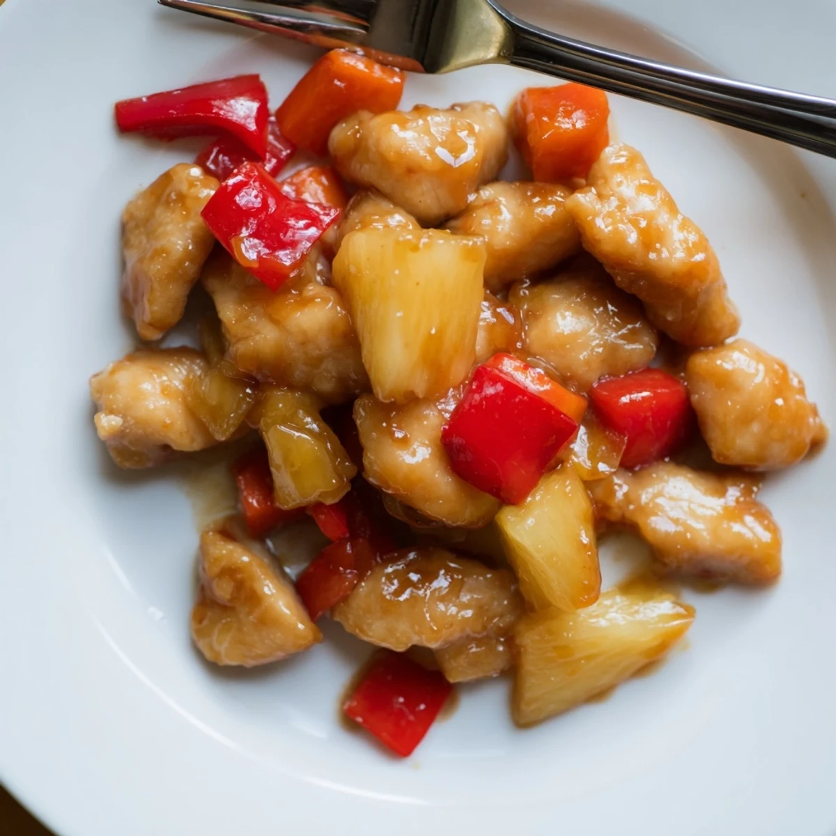 Close-up of a spoon scooping Honey Garlic Pineapple Chicken, showing the glossy glaze and juicy pineapple in a savory weeknight dinner dish.