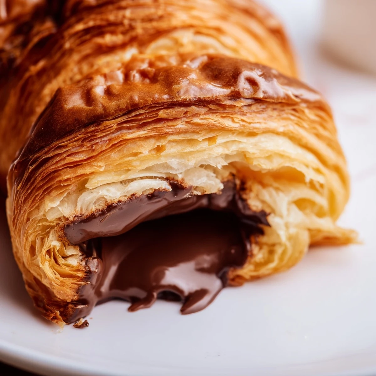 Golden-brown, flaky Homemade Chocolate Croissants with melted dark chocolate oozing from the center, paired with a steaming mug of coffee on a rustic wooden table.
