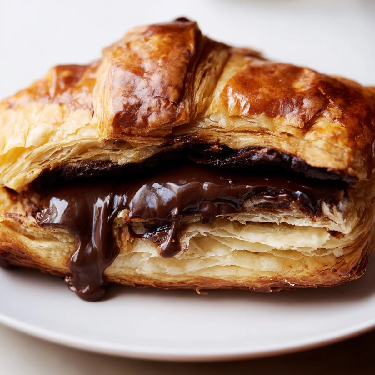 Close-up of a freshly baked Homemade Chocolate Croissant showcasing its buttery, layered crust and rich chocolate filling, perfect for a decadent breakfast treat.