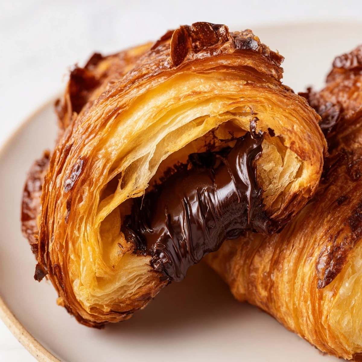 A plate of warm, golden Homemade Chocolate Croissants served with fresh berries and a dusting of powdered sugar, ideal for a cozy brunch.