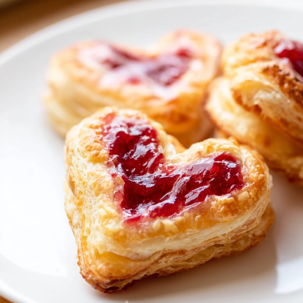 Flaky golden Strawberry Cream Cheese Heart Danishes drizzled with sweet glaze on a rustic plate.