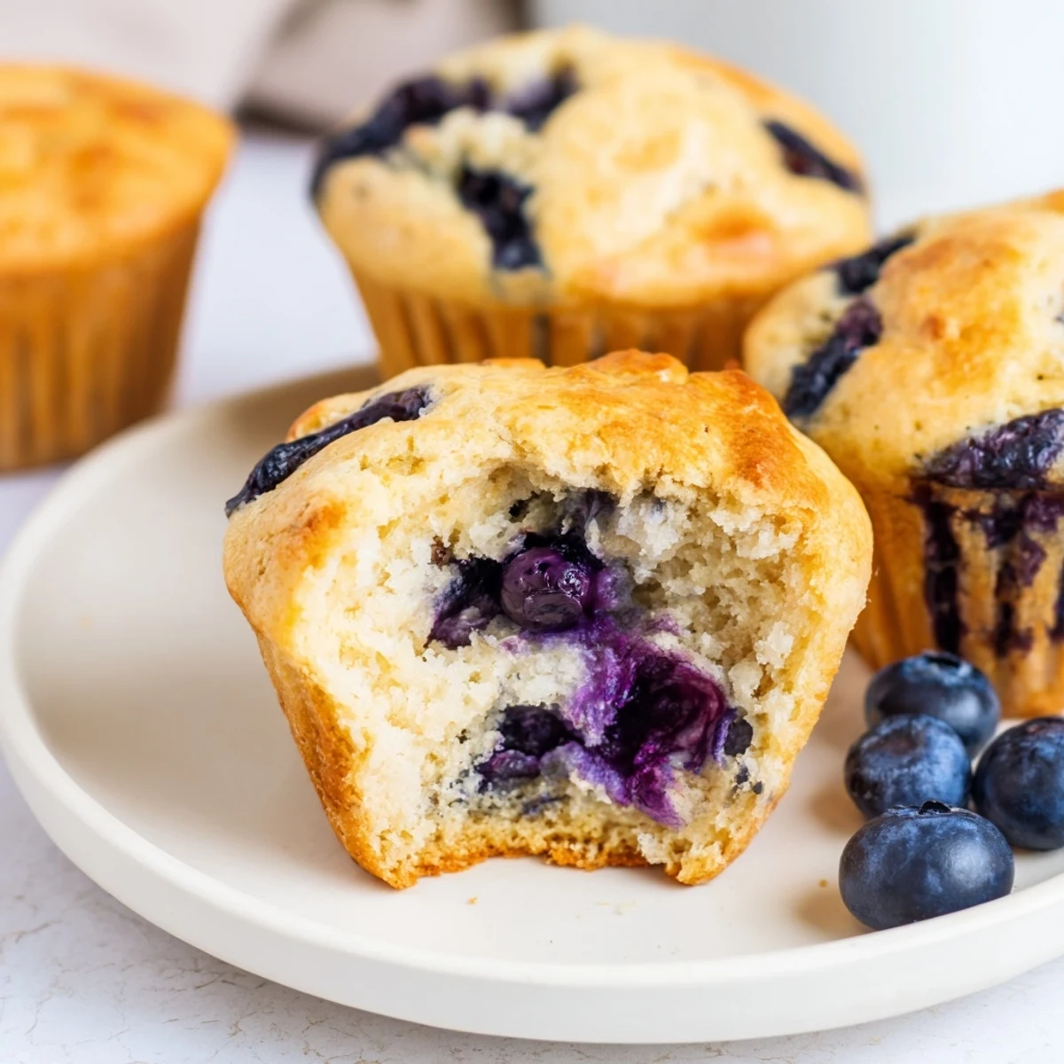 Freshly baked Blueberry Protein Muffins with Greek Yogurt cooling on a wire rack, showing a golden-brown top and moist crumb inside.