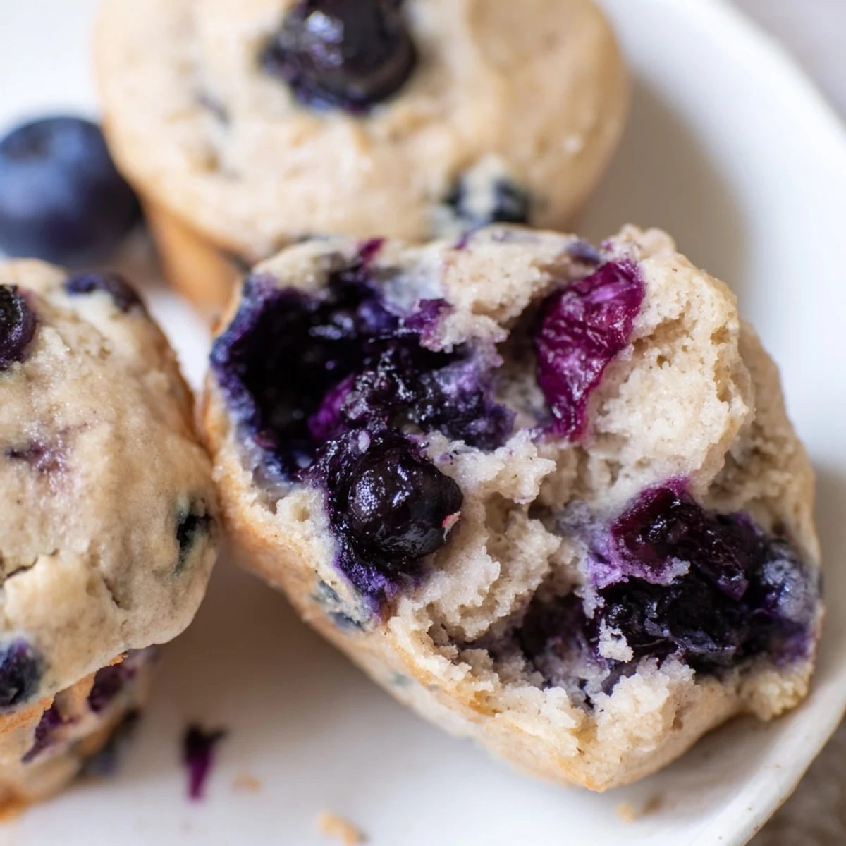 Close-up of Blueberry Protein Muffins with Greek Yogurt highlighting juicy blueberries and a tender, protein-packed texture on a marble counter.
