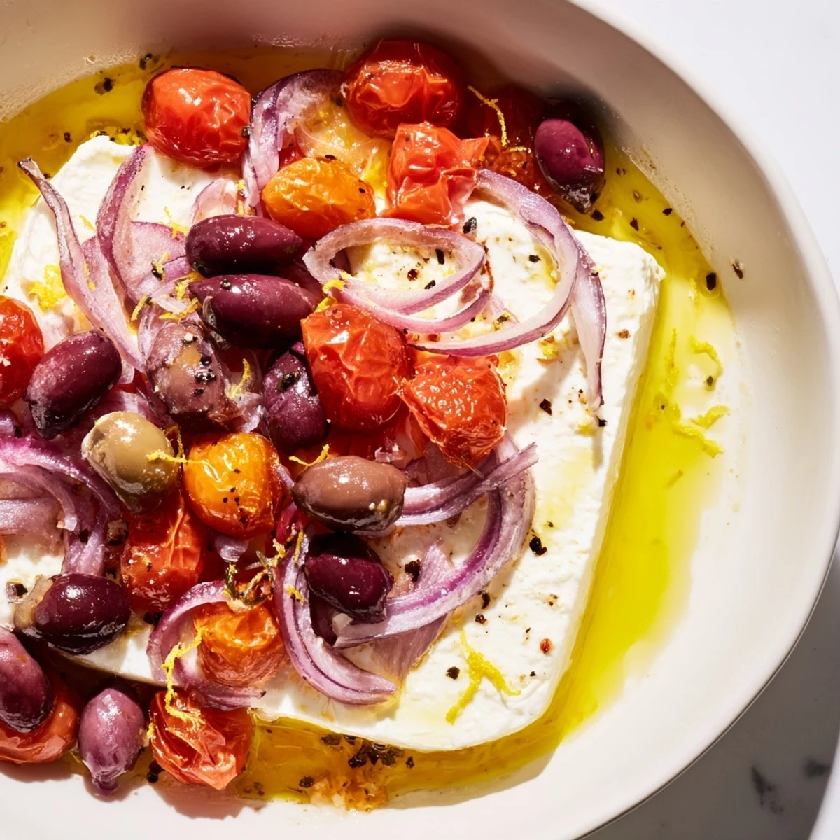Warm baked Mediterranean Baked Feta Appetizer with blistered tomatoes, olives, and herbs served with crusty bread.