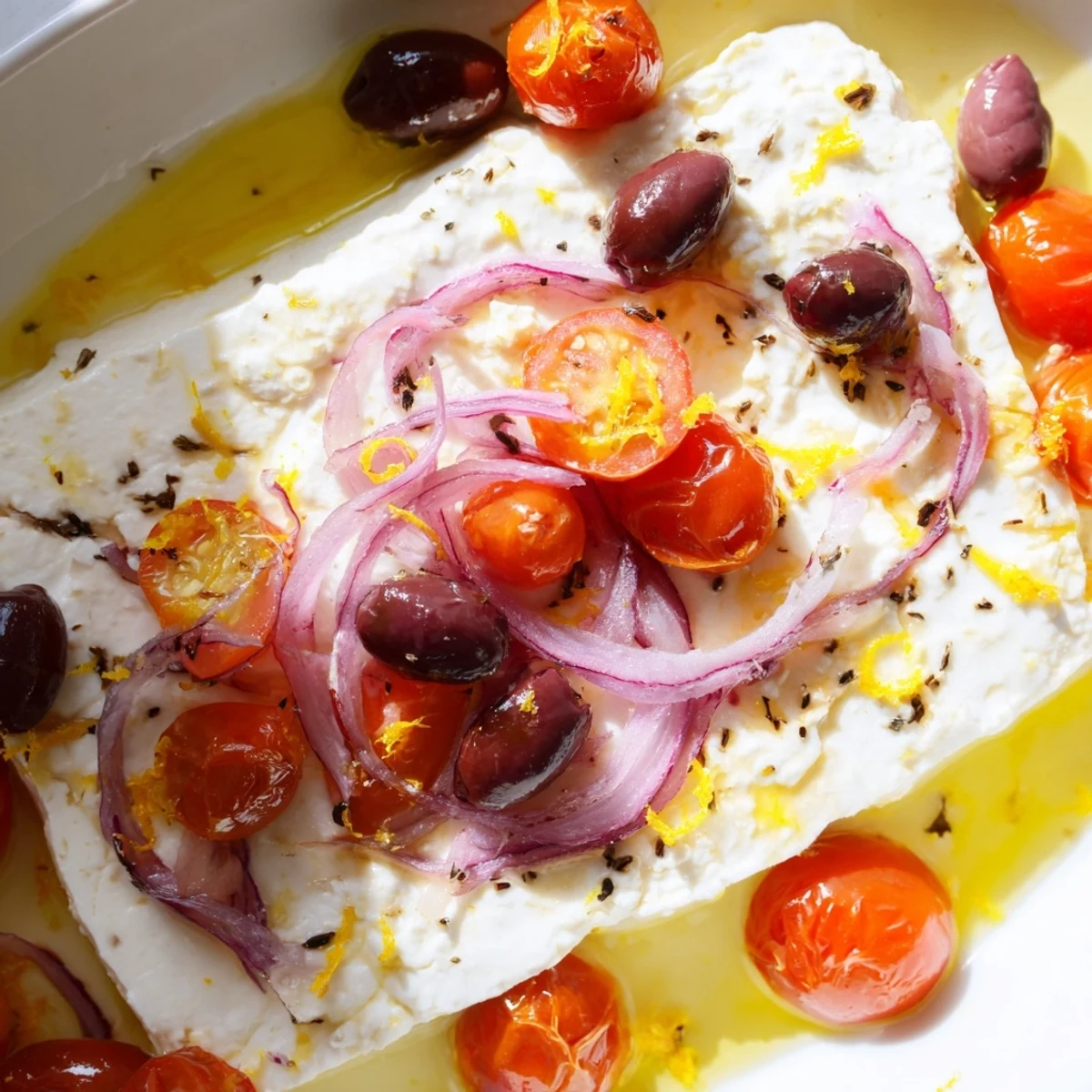 A close-up of Mediterranean Baked Feta Appetizer bubbling in a skillet, with lemon zest and olive oil.