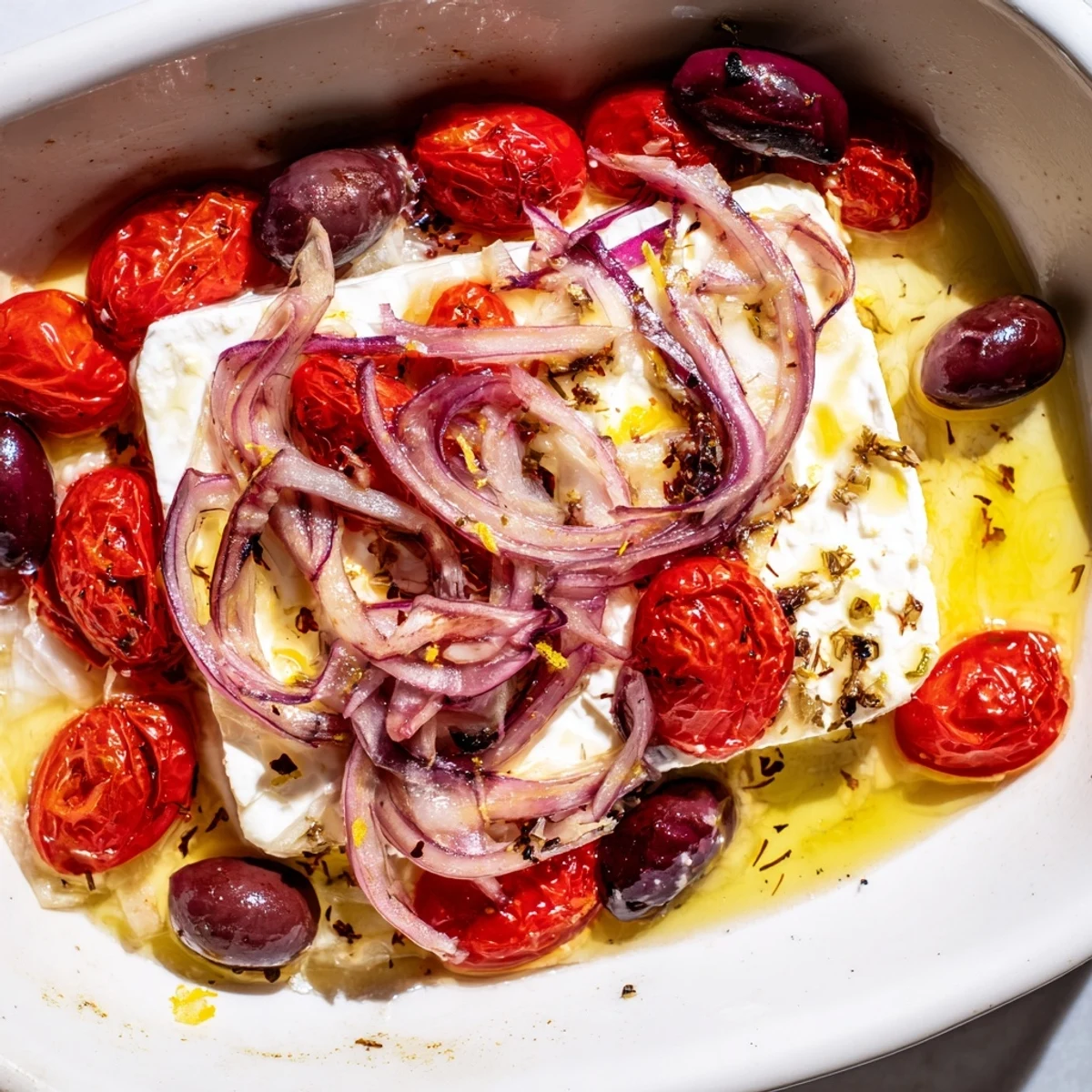 Roasted Mediterranean Baked Feta Appetizer with creamy feta, cherry tomatoes, Kalamata olives, and thyme on a serving platter.
