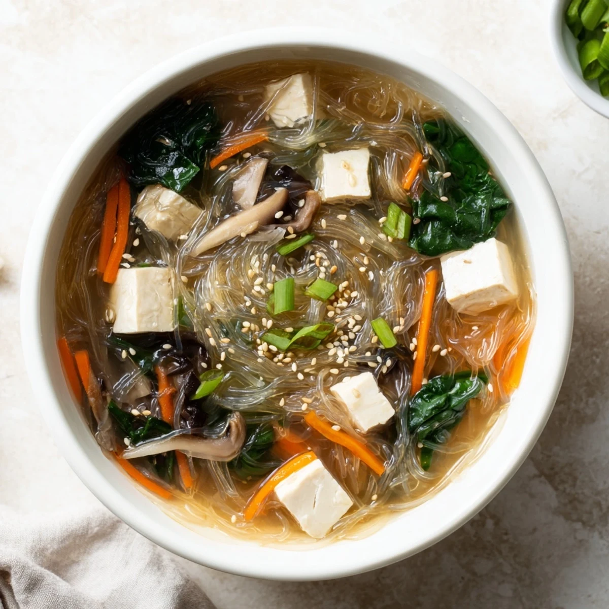 A close-up view of Japanese Harusame Noodle Soup in a ceramic bowl, featuring translucent glass noodles, carrots, shiitake mushrooms, and fresh spinach in savory broth.