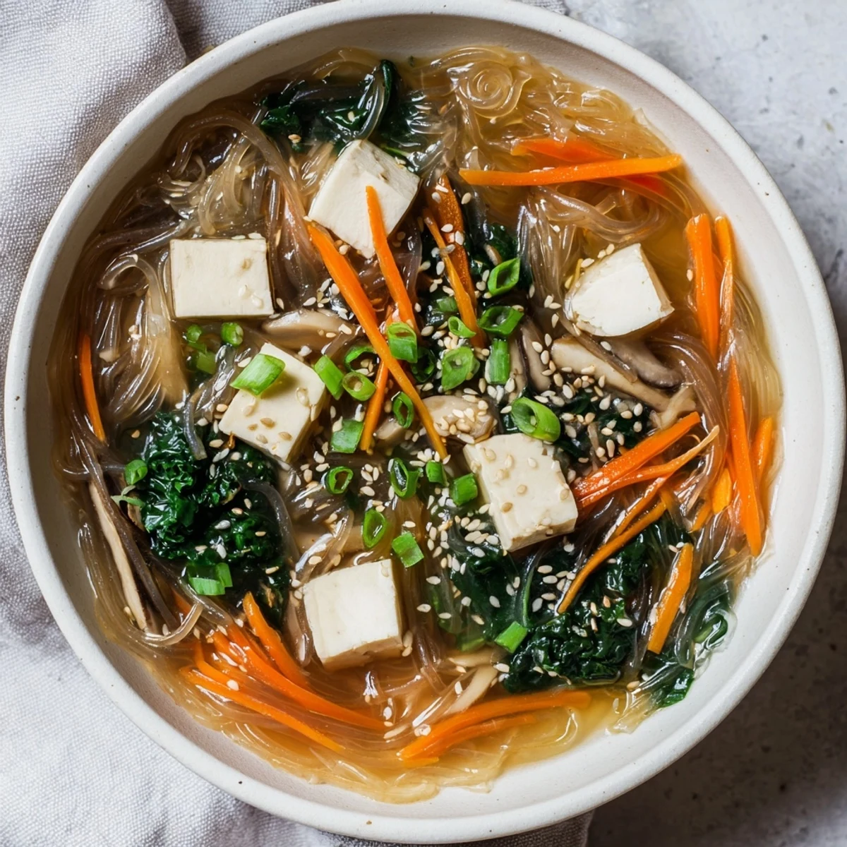 Delicate Japanese Harusame Noodle Soup with colorful julienned carrots, sliced mushrooms, and wilted greens, highlighting the light, comforting broth and glass noodles.