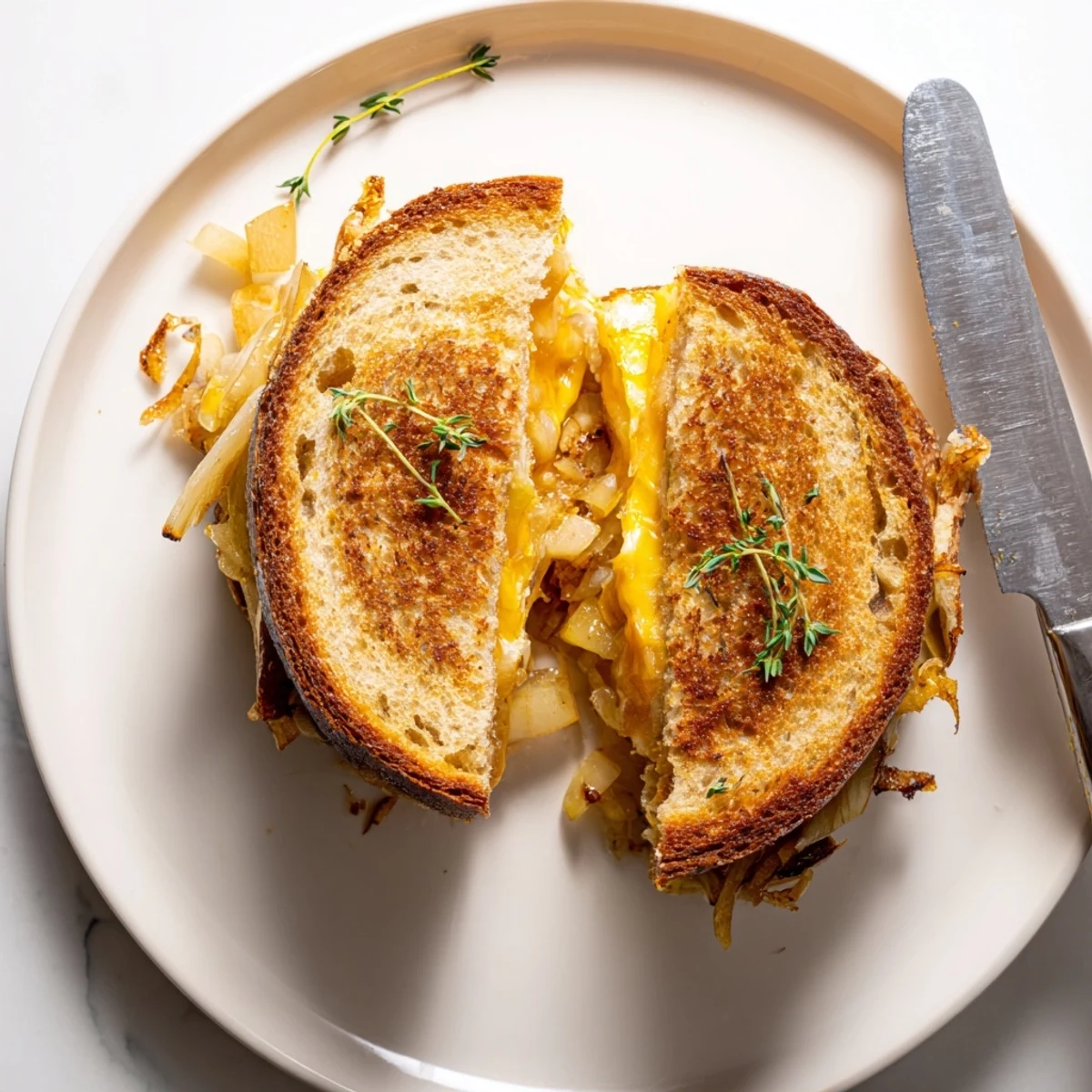 Golden-brown, buttery sourdough grilled cheese sandwiches filled with sweet pear, apple slices, and savory caramelized onions on a rustic plate.