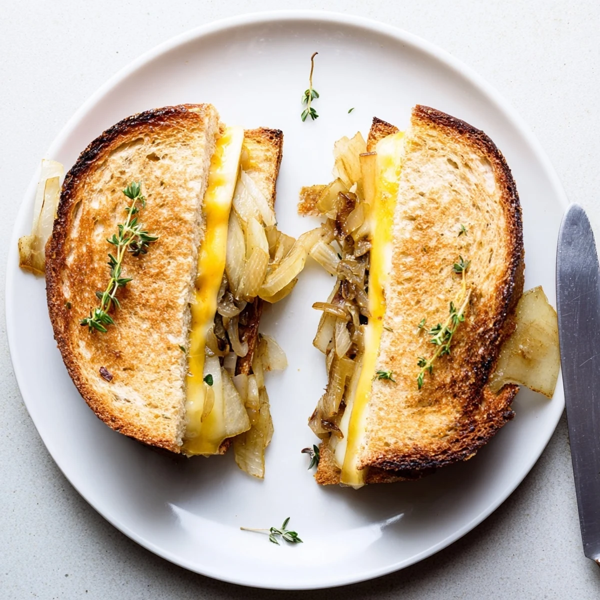 Melted sharp cheddar ooze meets thin pear and apple layers inside a golden grilled cheese with caramelized onions.