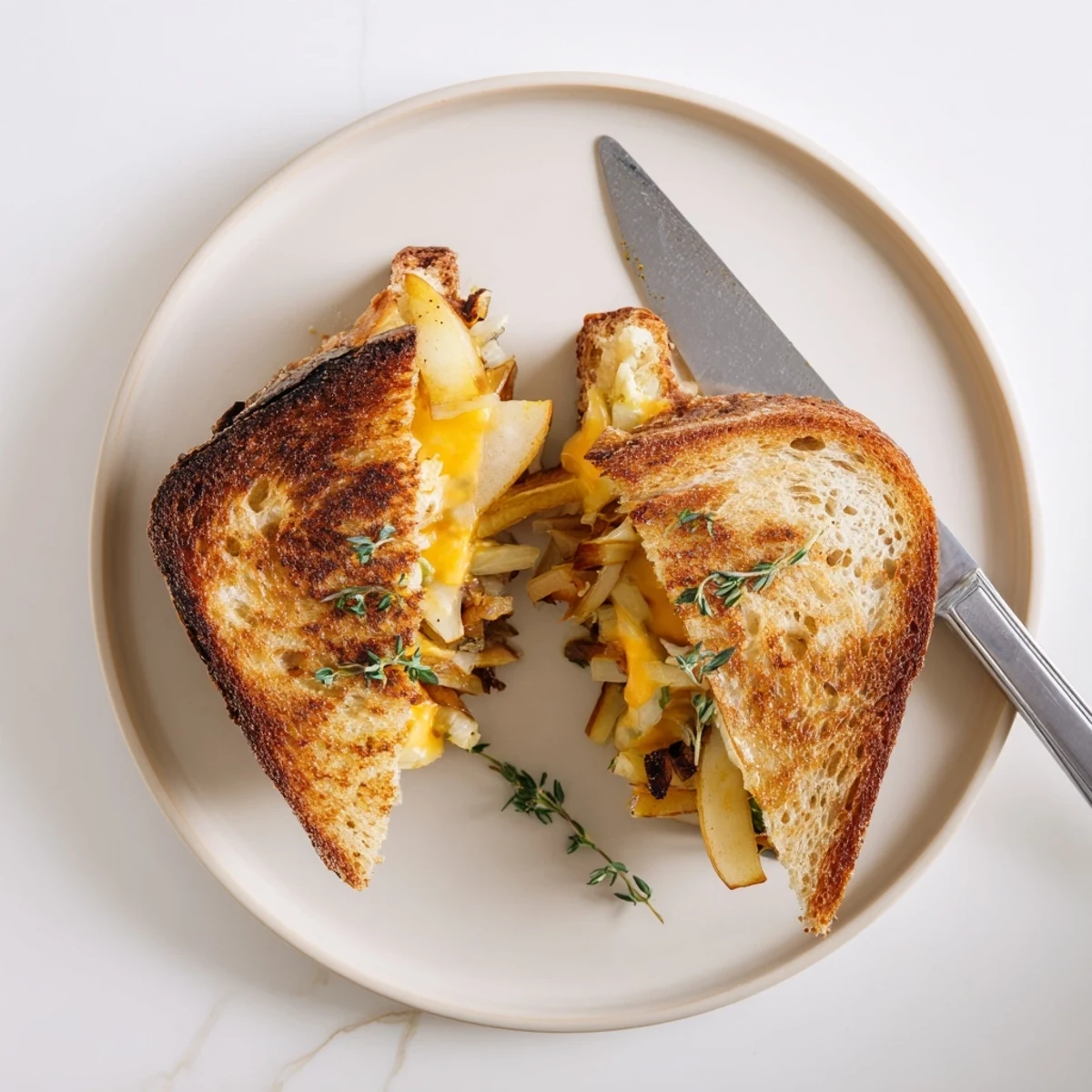 Warm vegetarian grilled cheese sandwiches feature crisp bread, gooey cheese, sweet fruit, and caramelized onion garnish for a comforting lunch.