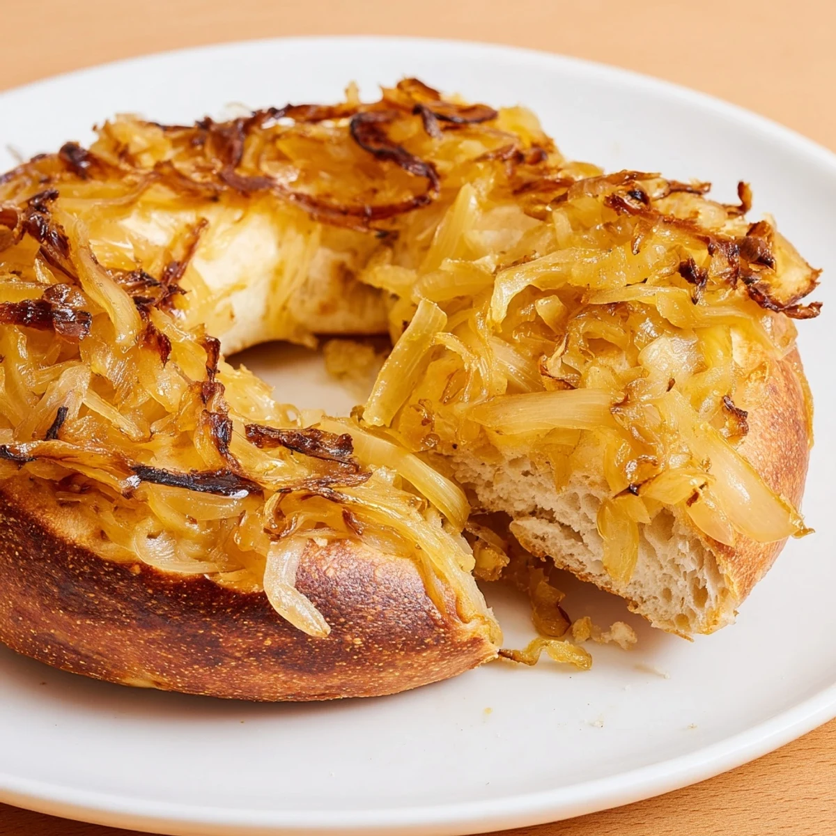Freshly baked Sourdough Onion Bagels with golden crusts and sticky caramelized onion topping on a wooden cutting board.
