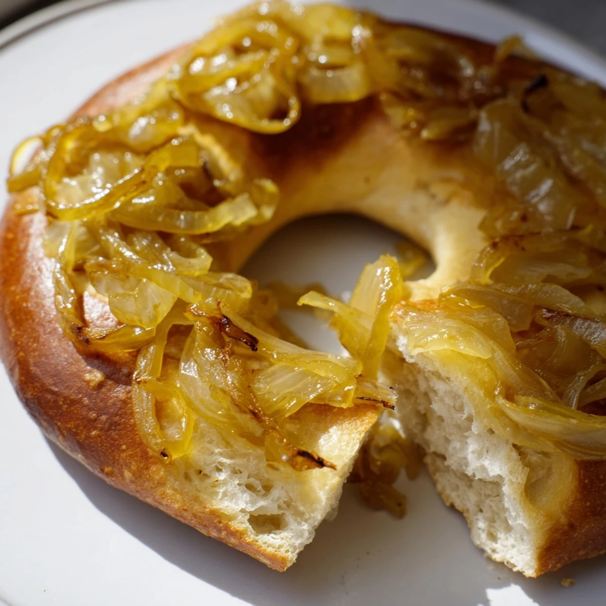 Chewy Sourdough Onion Bagels ready for serving, topped with sweet onions and perfect alongside a schmear of cream cheese.