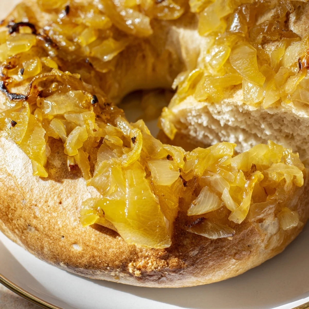 Warm Sourdough Onion Bagels on a wire rack, showcasing their tangy sourdough crumb and savory, caramelized onion garnish.