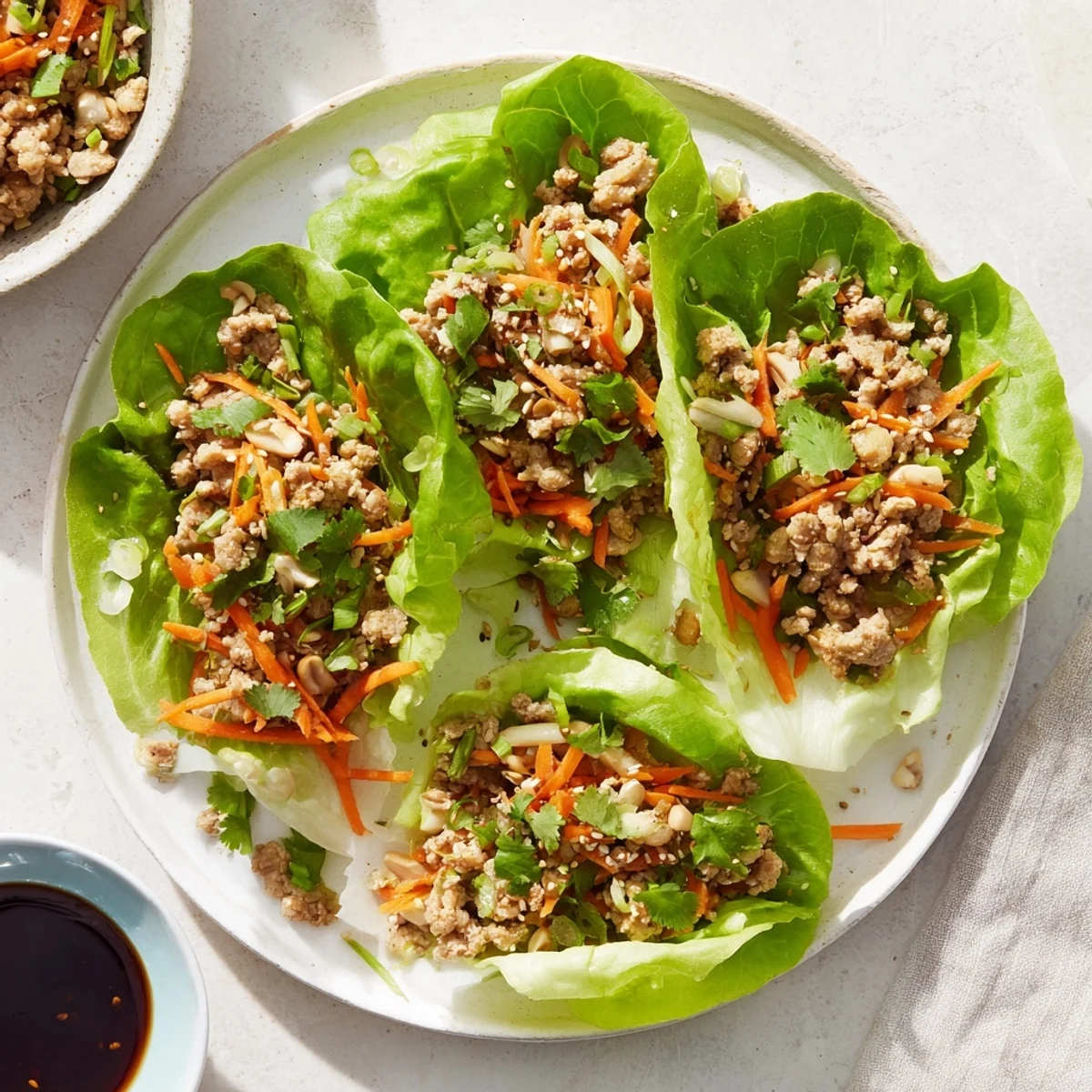 Freshly cooked Potsticker Chicken Lettuce Boats filled with savory ground chicken, carrots, and water chestnuts in crisp butter lettuce leaves.