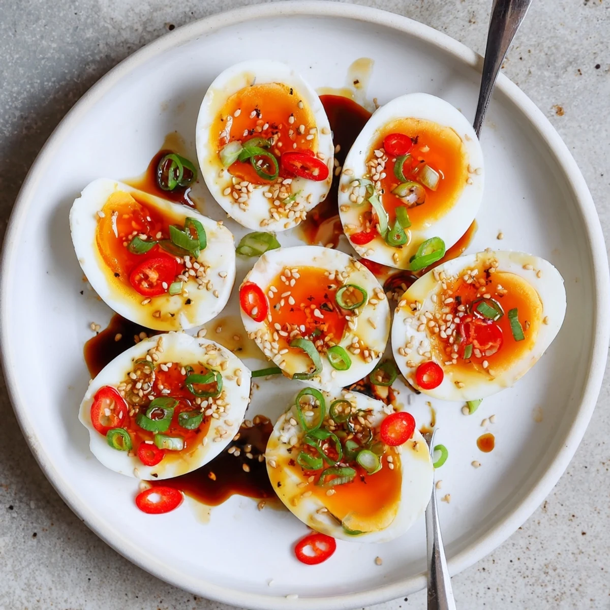 These soy-marinated Korean eggs sliced over steamed rice make an easy savory side dish for Asian-style dinners.