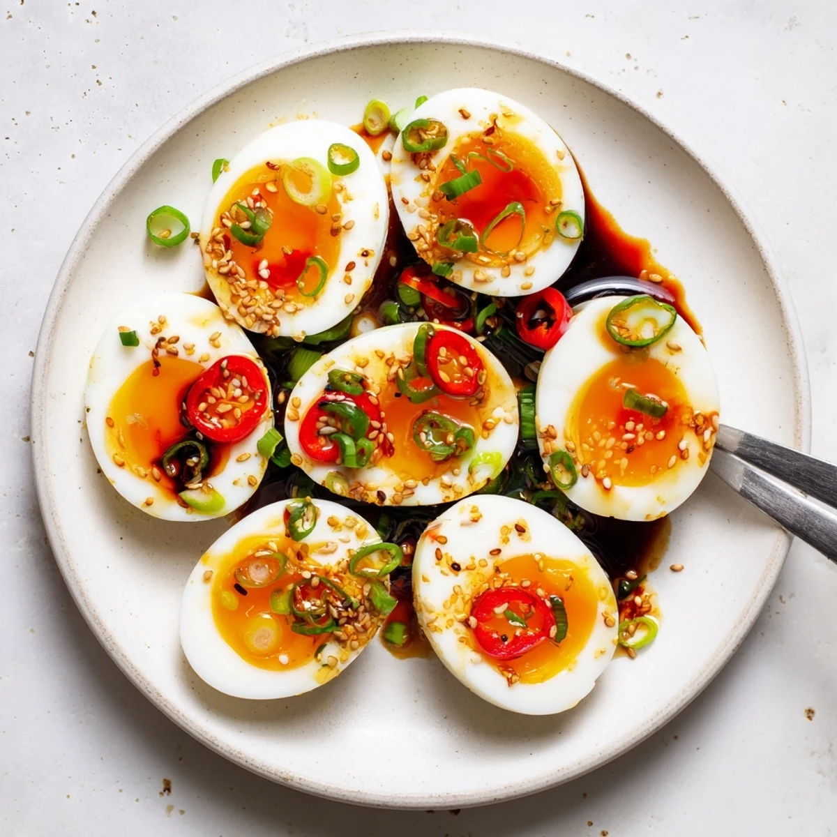 Six Korean marinated eggs with soft jammy yolks in sweet soy glaze, garnished with sesame seeds and chili.