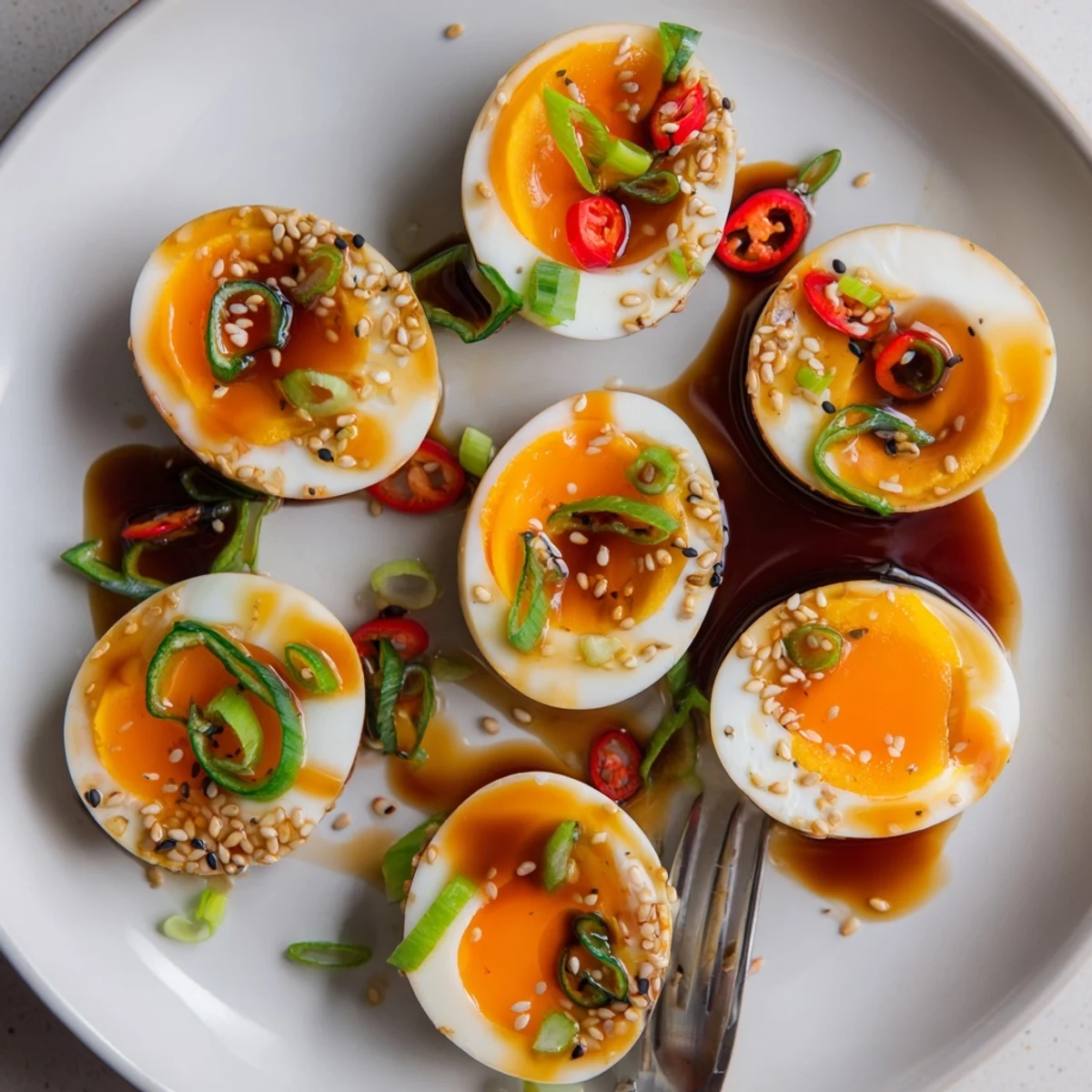 Peeled Korean marinated eggs in a bowl with garlic and ginger soy marinade, glistening with sesame oil.