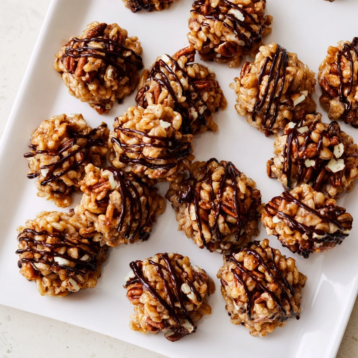 Golden-brown No Bake Coffee Crunch Rice Krispie Cookies are arranged neatly on a parchment-lined tray, with glistening chocolate drizzle and a steaming mug of coffee nearby.