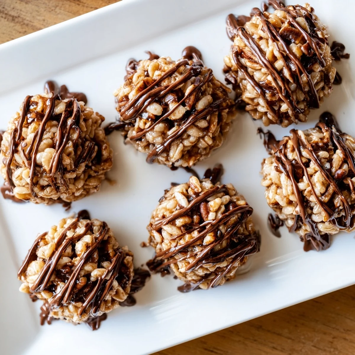 Close-up of No Bake Coffee Crunch Rice Krispie Cookies showing crunchy Rice Krispies and toasted pecans, ideal for a casual dessert or afternoon snack.