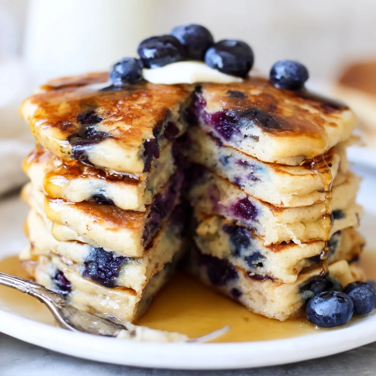 A close-up view of fluffy Greek yogurt blueberry pancakes cooking on a griddle, showing bubbling batter and juicy blueberries throughout.
