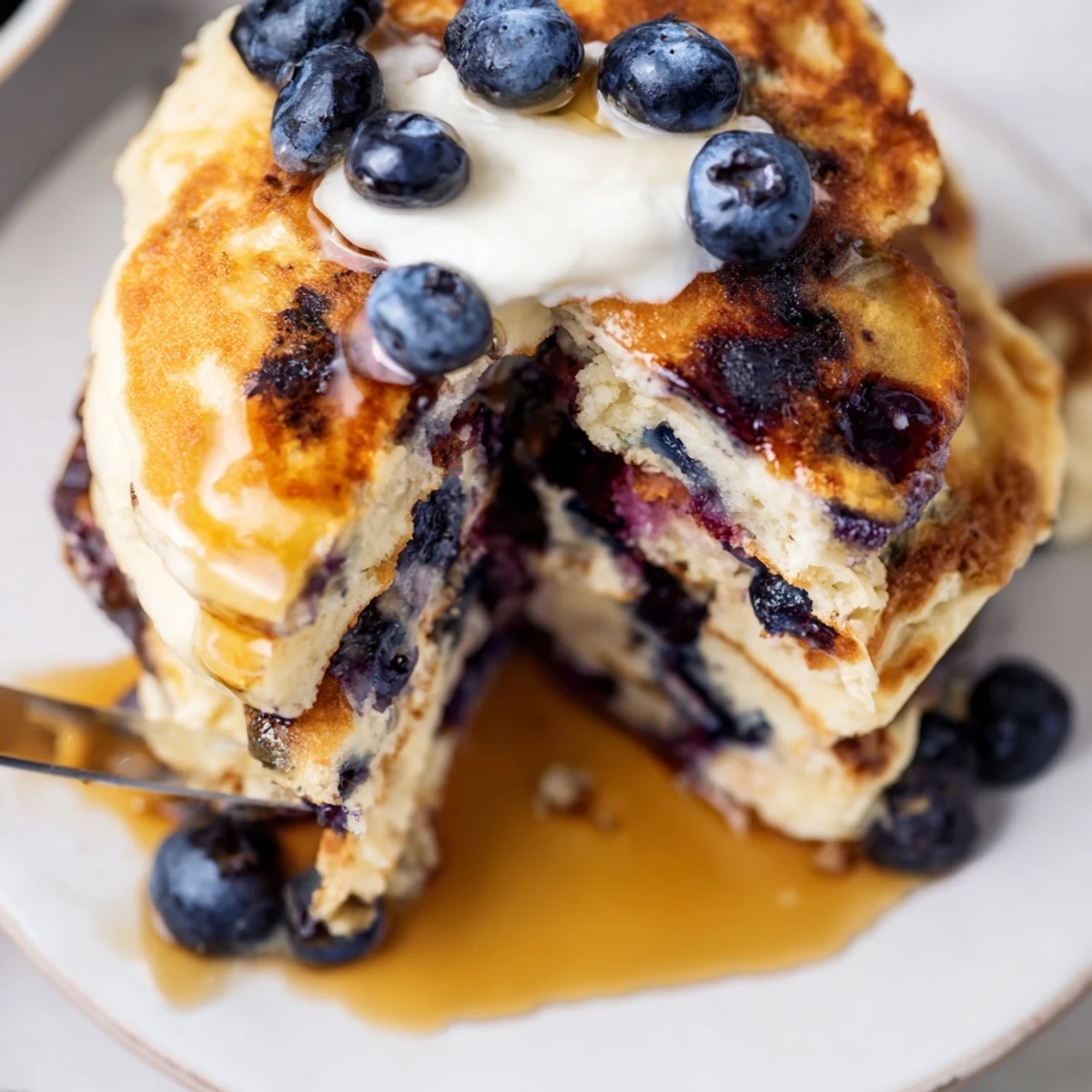 Golden-brown Fluffy Greek Yogurt Blueberry Pancakes stacked high, with fresh blueberries on top and warm maple syrup drizzled over the edges.