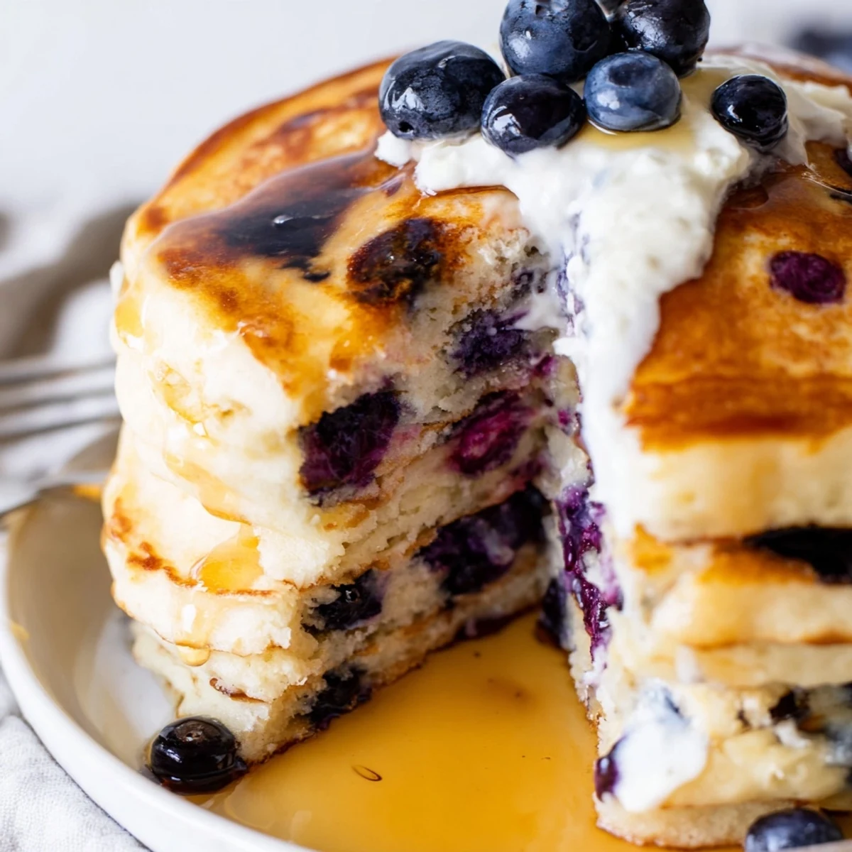 A rustic plate of fluffy Greek yogurt blueberry pancakes served with a dollop of yogurt and extra blueberries for a wholesome brunch.
