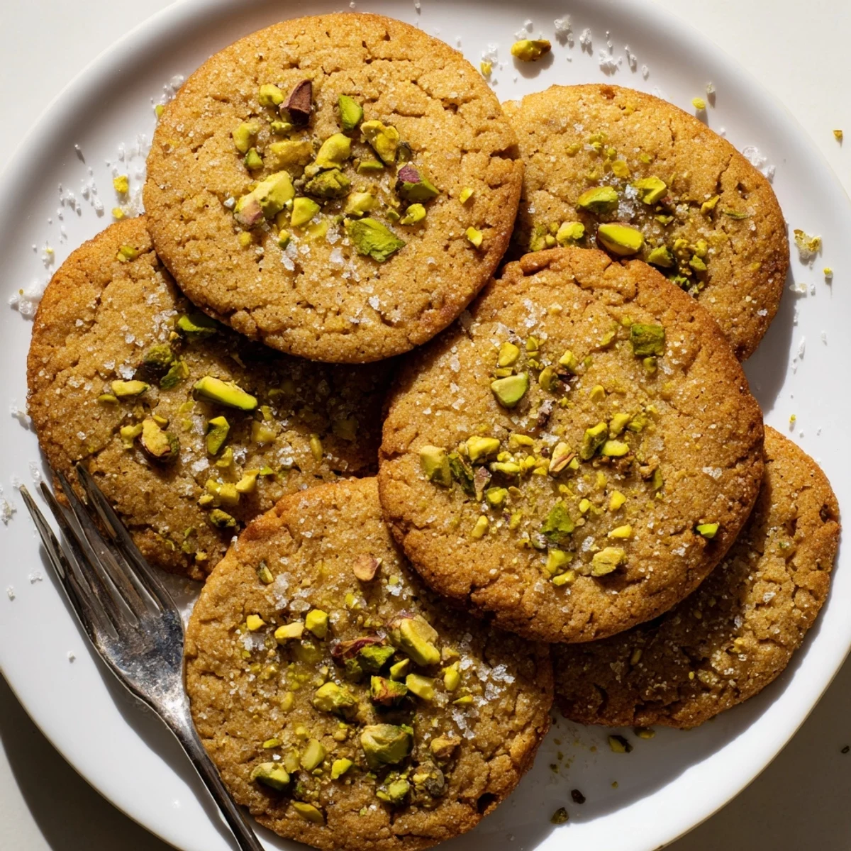 Freshly baked Salted Honey Pistachio Cookies on a wire rack with golden edges and flaky salt crystals.