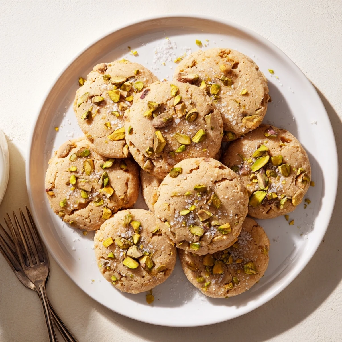 Golden-brown Salted Honey Pistachio Cookies arranged neatly with chopped nuts and a drizzle of honey nearby.