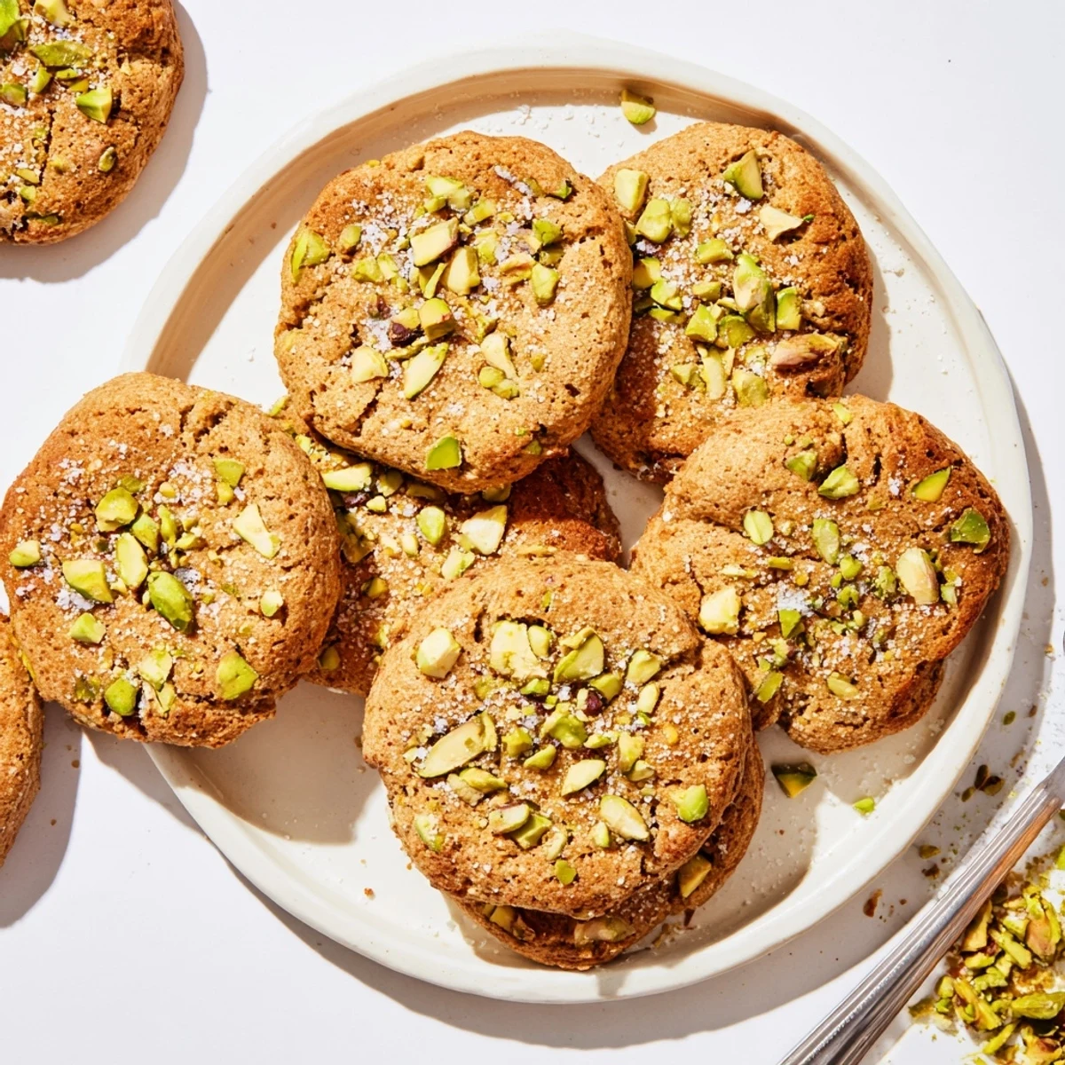 Perfectly chewy Salted Honey Pistachio Cookies served warm on a rustic wooden board with sea salt sprinkles.