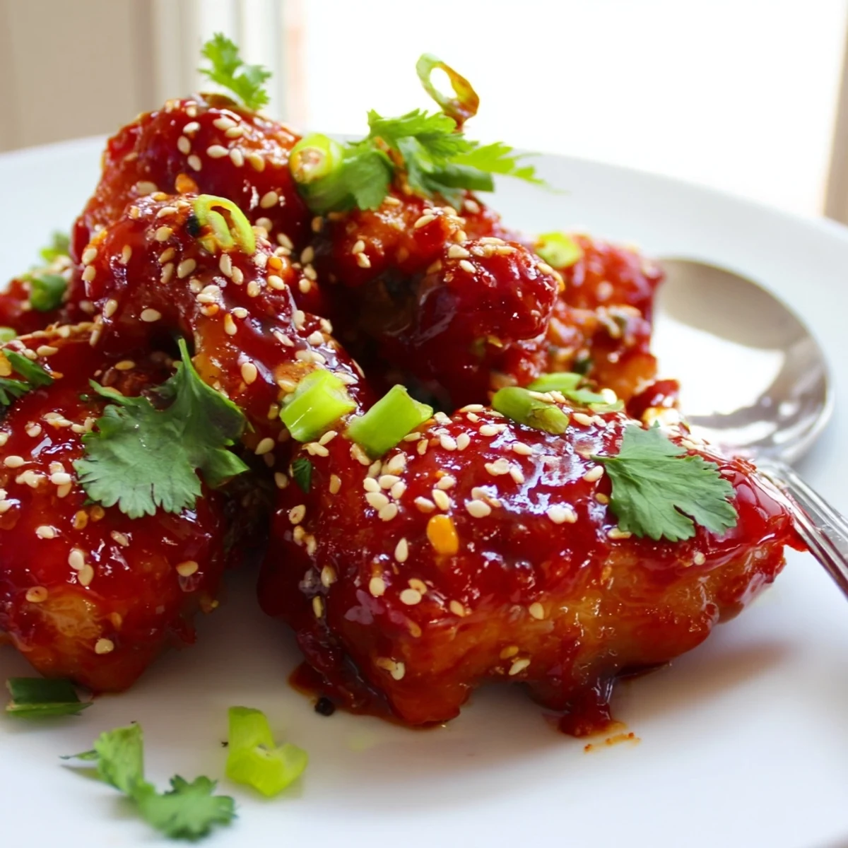 Golden brown Sweet and Spicy Thai Chicken glazed in a glossy red sauce served over steamed jasmine rice with lime.