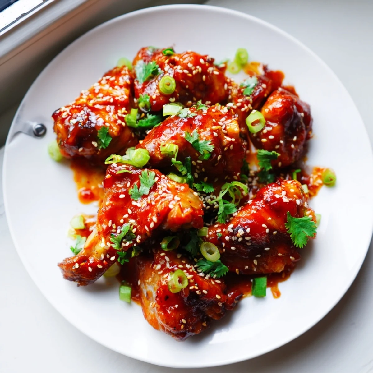 Close-up of Sweet and Spicy Thai Chicken topped with green onions, cilantro, and sesame seeds on a rustic plate.
