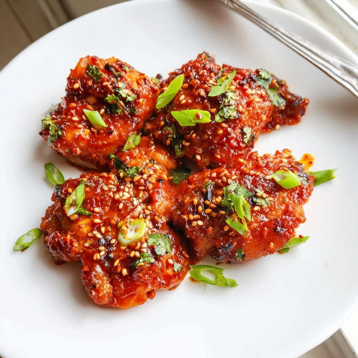 Freshly cooked Sweet and Spicy Thai Chicken in a skillet with vibrant garnishes ready to serve for dinner.