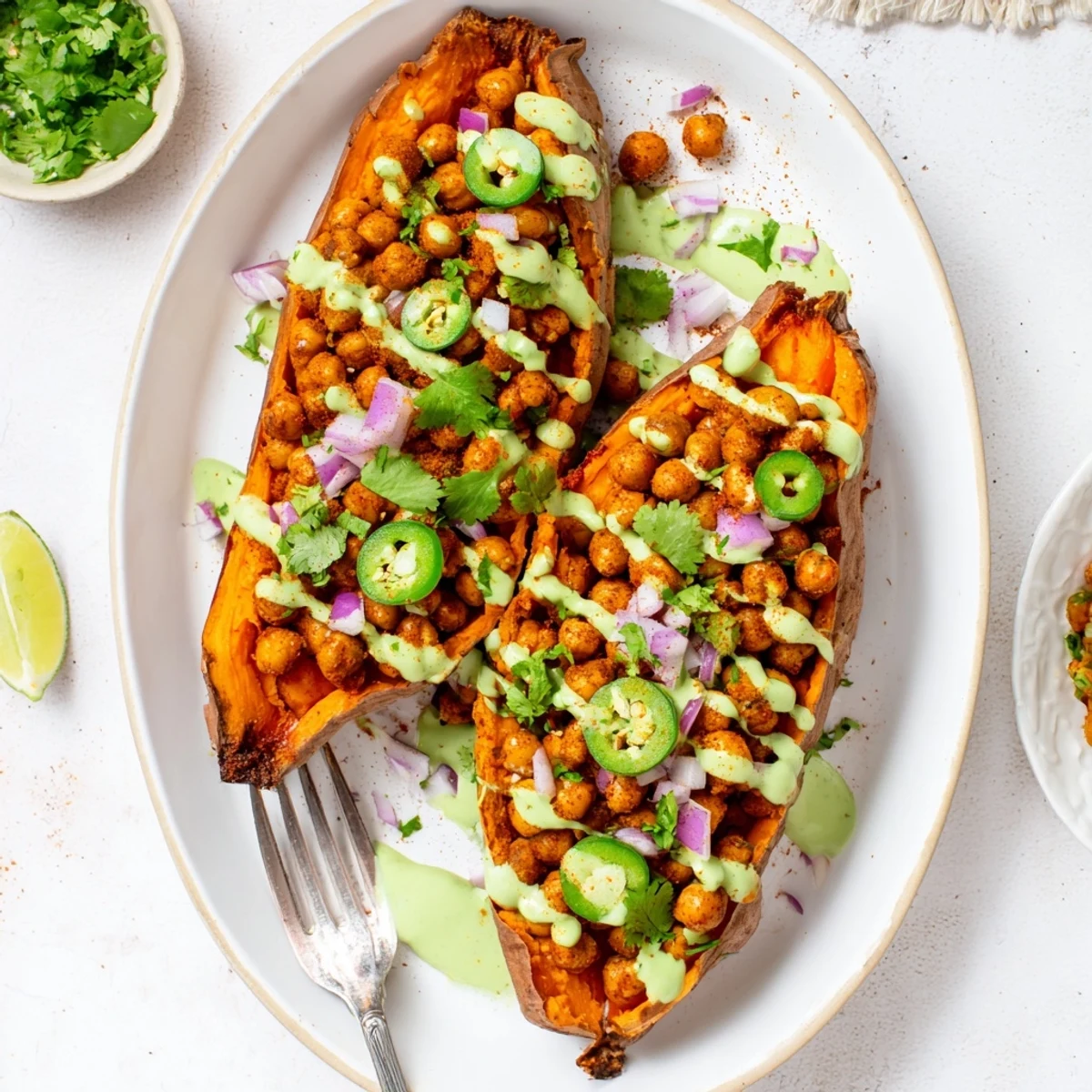 Four roasted sweet potatoes split open and topped with smoky BBQ chickpeas, fresh cilantro, and a creamy avocado-lime drizzle. 