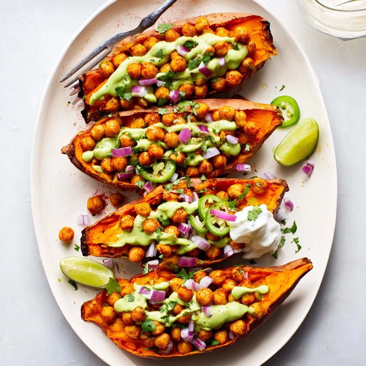 Sweet potatoes with spiced BBQ chickpeas, red onion, jalapeño, and vegan sour cream, served fresh on a white plate. 