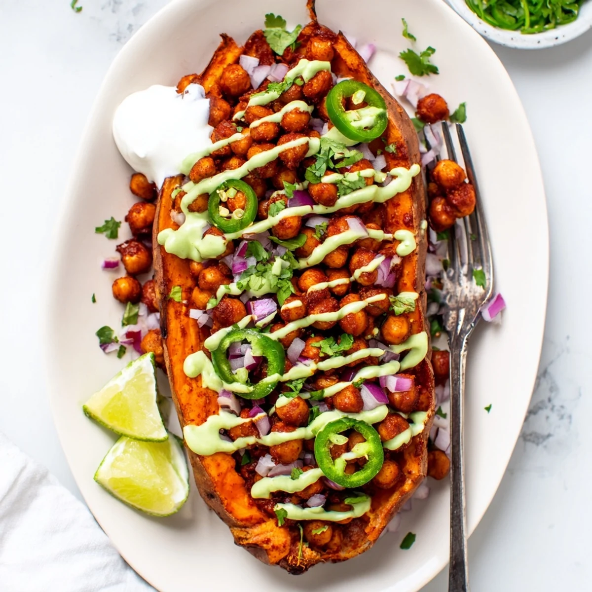 Vegan BBQ chickpea sweet potatoes with a fork fluffing the sweet potato flesh under a drizzle of avocado sauce.